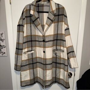 Stylish Plaid Pea Coat in Gray, Cream, and Tan